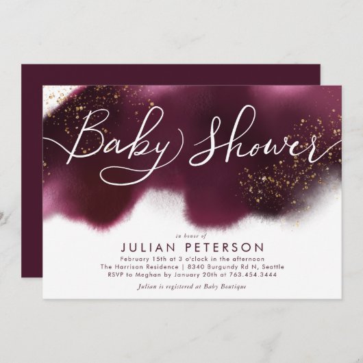 ブルゴーニュグラデーションーベビーシャワー金ゴールドグリッタータイポグラフィ 招待状 (正面/裏面)