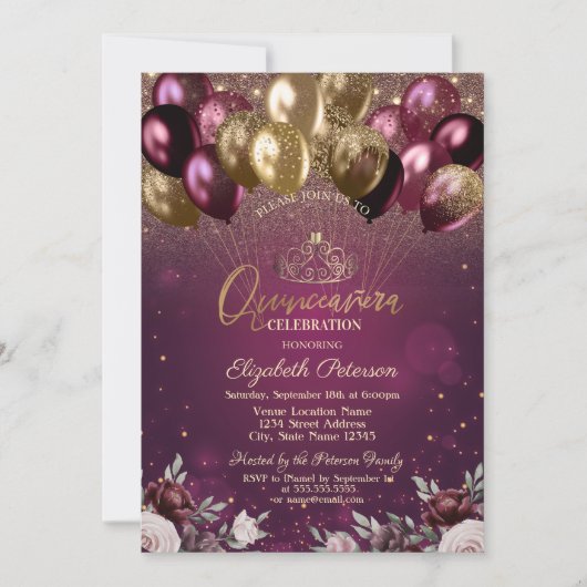 ブルゴーニュグリッターバルーン花キンセアニラ 招待状 (正面)
