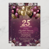 ブルゴーニュグリッターバルーン花25誕生日 招待状 (正面/裏面)