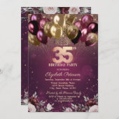 ブルゴーニュグリッターバルーン花35誕生日 招待状 (正面/裏面)