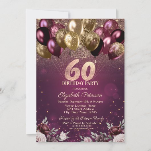 ブルゴーニュグリッターバルーン花60誕生日 招待状 (正面)