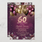 ブルゴーニュグリッターバルーン花60誕生日 招待状 (正面/裏面)