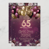 ブルゴーニュグリッターバルーン花65誕生日 招待状 (正面/裏面)