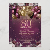 ブルゴーニュグリッターバルーン花80誕生日 招待状 (正面/裏面)