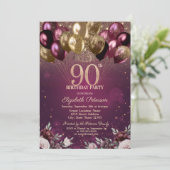 ブルゴーニュグリッターバルーン花90誕生日 招待状 (スタンド正面)