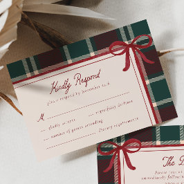 ブルゴーニュグリーンプレイドのクリスマスボウの結婚式 出欠カード