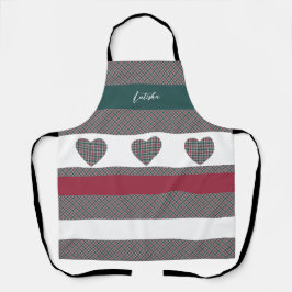 ブルゴーニュグリーンモダンタータンチェックとハート エプロン