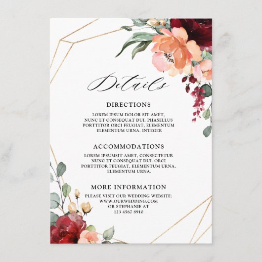 ブルゴーニュコーラルオレンジユーカリ結婚の詳細 エンクロージャーカード (正面)