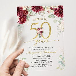 ブルゴーニュゴールドの50周年記念結婚式フラワー アクリル招待状