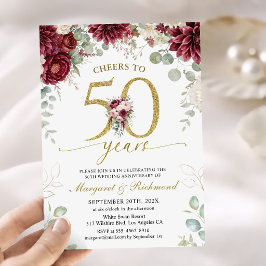 ブルゴーニュゴールドの50回目の結婚記念日の花柄 招待状