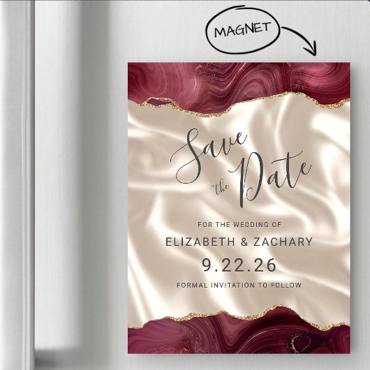 ブルゴーニュゴールドアゲートアイボリーシルクのSave the Date マグネット招待状