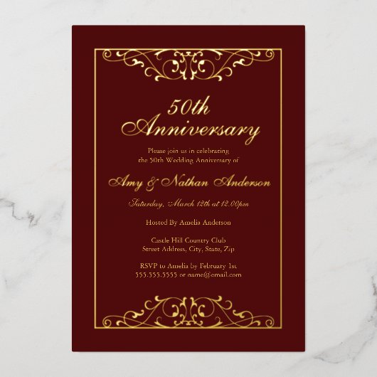 ブルゴーニュゴールドスワール50周年記念結婚式 箔招待状 (正面)