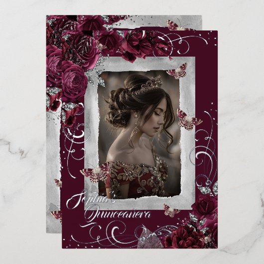 ブルゴーニュシルバーキンセアニェラフォトバラバタフライ 箔招待状 (正面/裏面)