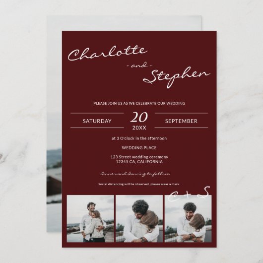 ブルゴーニュシンプルカジュアルイニシャル4結婚枚 招待状 (正面/裏面)