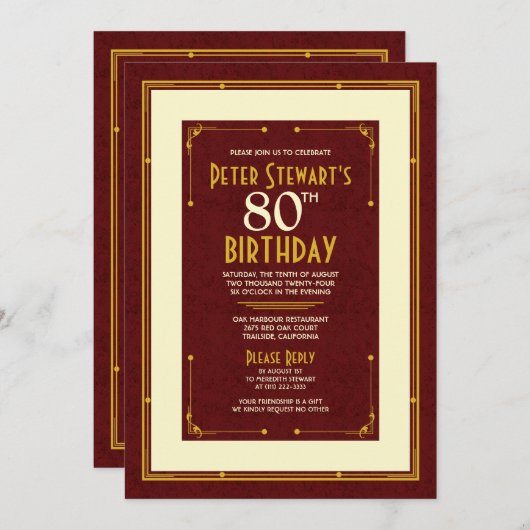 ブルゴーニュシンプル金ゴールドマンズクラシック誕生日80 招待状 (正面/裏面)