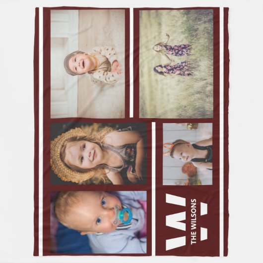 ブルゴーニュストライプーの複数の写真カスタムモノグラム フリースブランケット (正面)