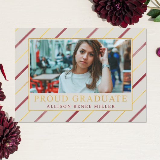 ブルゴーニュストライプ金ゴールドモダン写真卒業 招待状