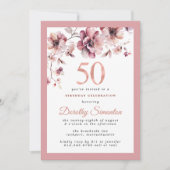 ブルゴーニュダスティー赤面ピンクフローラ50誕生日 招待状 (正面)