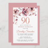 ブルゴーニュダスティー赤面ピンクフローラ90誕生日 招待状 (正面/裏面)
