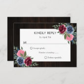 ブルゴーニュネイビーブルーピンクウッド結婚フローラ 出欠カード (正面/裏面)