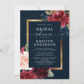 ブルゴーニュネイビーブルーフローラウォーターカラーブライダルシャワー 招待状 (正面)