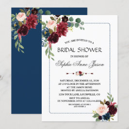 ブルゴーニュネイビーブルーフローラフレームブライダルシャワー 招待状
