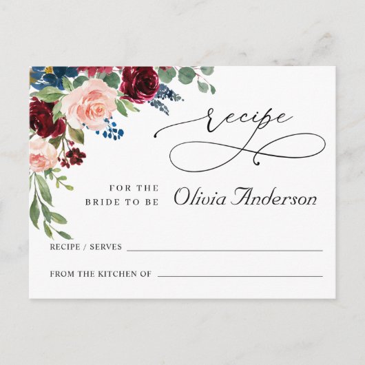 ブルゴーニュネイビーユーカリブライダルシャワーレシピカード ポストカード (正面)