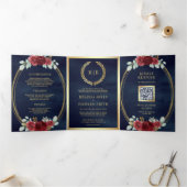 ブルゴーニュバラすべてQRコード海軍結婚の 三つ折り招待状 (内部)