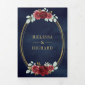 ブルゴーニュバラすべてQRコード海軍結婚の 三つ折り招待状 (カバー)