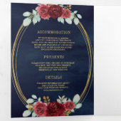 ブルゴーニュバラすべてQRコード海軍結婚の 三つ折り招待状 (内部最初)