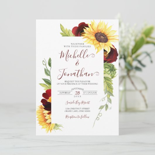 ブルゴーニュバラとヒマワリ結婚式招待状 招待状 (スタンド正面)