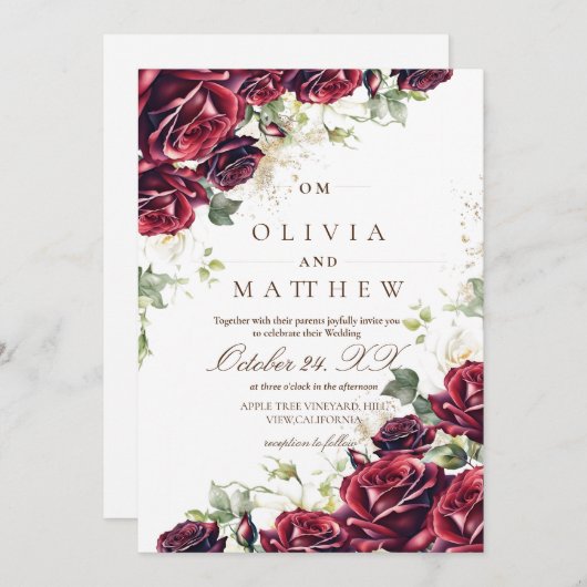 ブルゴーニュバラと金ゴールドフローラ結婚ズ 招待状 (正面/裏面)