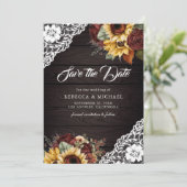 ブルゴーニュバラひまわりウッドQRコード結婚の写真 セーブザデート (スタンド正面)