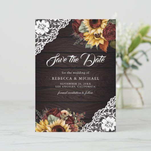 ブルゴーニュバラひまわりウッドQRコード結婚の写真 セーブザデート (スタンド正面)