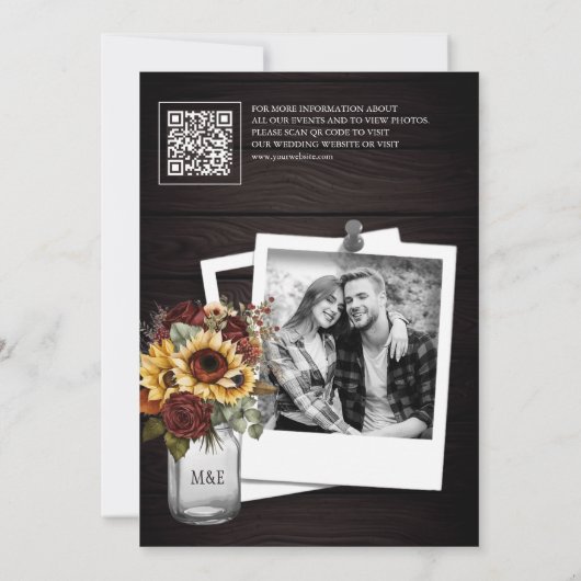 ブルゴーニュバラひまわりウッドQRコード結婚の写真 セーブザデート (裏面)