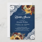 ブルゴーニュバラひまわりネイビーQRコードブライダルシャワー 招待状 (正面)