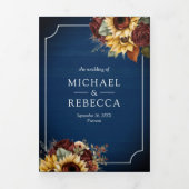 ブルゴーニュバラサンフラワーネイビーブルーQRコード結婚ズ 三つ折り招待状 (カバー)