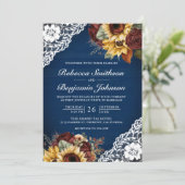 ブルゴーニュバラサンフラワーネイビーレースQRコード結婚ズ 招待状 (スタンド正面)