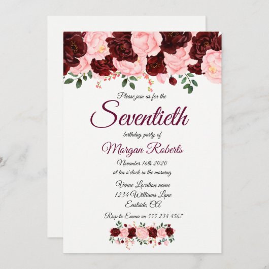 ブルゴーニュバラピンクフローラ70誕生日 招待状 (正面/裏面)