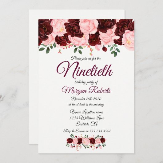 ブルゴーニュバラピンクフローラ90番目90誕生日 招待状 (正面/裏面)