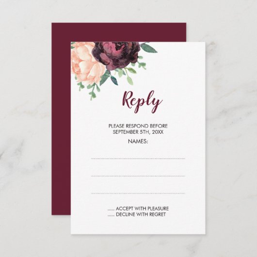 ブルゴーニュバラピーチ結婚牡丹の返信カード 出欠カード (正面/裏面)