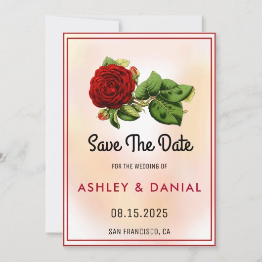 ブルゴーニュバラフレームフローラ結婚式の日付を保存 招待状 (正面)