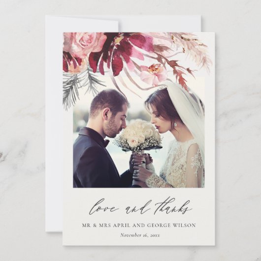 ブルゴーニュバラフローラパンパスグラスフォト結婚ズ サンキューカード (正面)