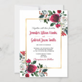 ブルゴーニュバラフローラ金ゴールドフレーム結婚式招待状 マグネット招待状 (正面)