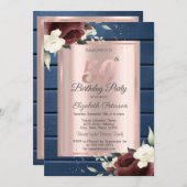 ブルゴーニュバラブルーウッドバラ金ゴールド50誕生日 招待状 (正面/裏面)