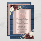 ブルゴーニュバラブルーウッドバラ金ゴールド70誕生日 招待状 (正面/裏面)