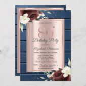 ブルゴーニュバラブルーウッドバラ金ゴールド80誕生日 招待状 (正面/裏面)