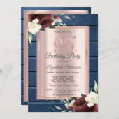 ブルゴーニュバラブルーウッドバラ金ゴールド90誕生日 招待状 (正面/裏面)