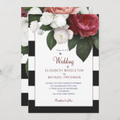 ブルゴーニュバラ白黒ストライプエレガントウェディング 招待状 (正面/裏面)