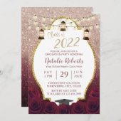 ブルゴーニュバラ金ゴールドグラデーションランタンフラワー卒業 招待状 (正面/裏面)